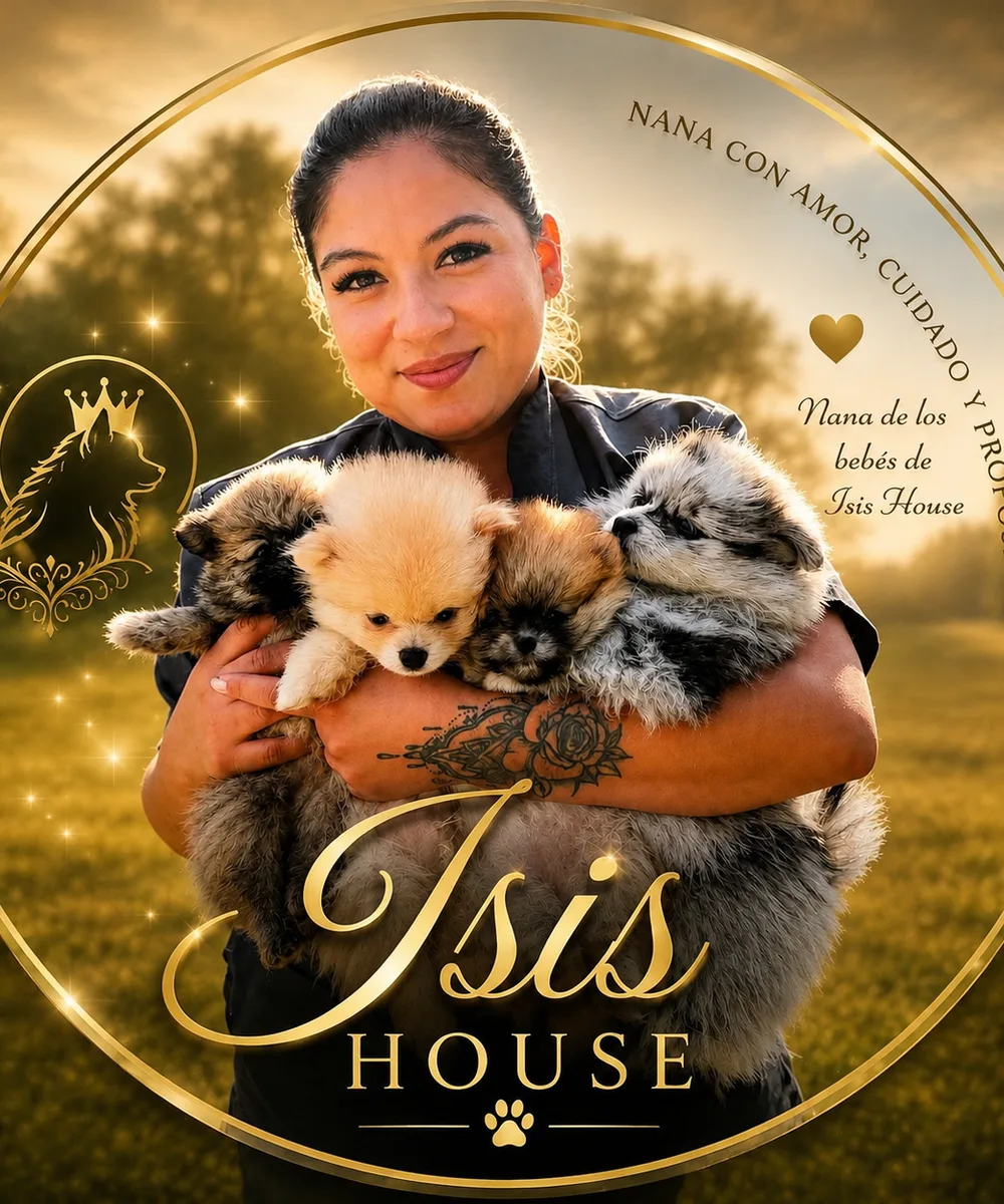 La nana de Isis House sosteniendo cuatro pomeranias cachorros en brazos